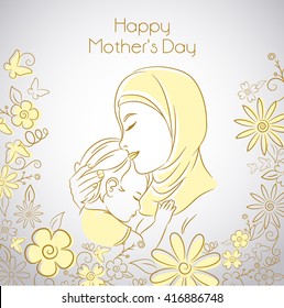 Drawing of a mother Middle East with the demonstration of affection for her son in a flower frame