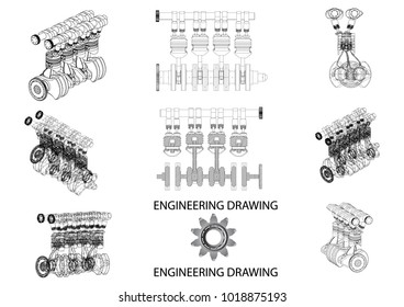 Drawing of a motor on a white background. Engineering