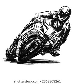 Dibujo de la práctica de la motocicleta que se inclina en un rincón rápido.