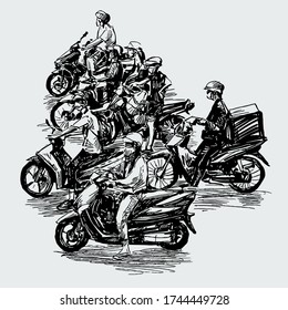 Drawing the motorcycles struck at traffic light in Vietnam 