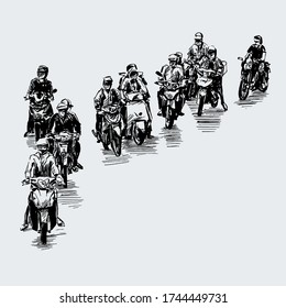 Drawing of the motorcycles struck at traffic light on road in Vietnam 