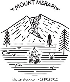 drawing of mount Merapi landscape on line art design