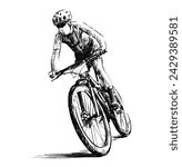 Drawing of Mountain biker cyclist riding a bicycle downhill on a mountain bike trail.