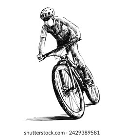 Drawing of Mountain biker cyclist riding a bicycle downhill on a mountain bike trail.