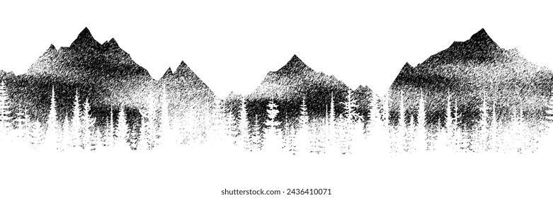 Dibujo de montaña y bosque aislado sobre fondo blanco, textura de trazo, grabado de imitación, borde sin fisuras, diseño vectorial