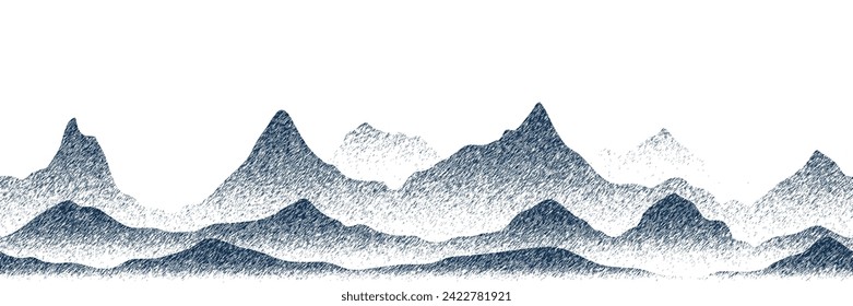 Dibujo de montaña aislada sobre fondo blanco, textura de trazo, grabado de imitación, borde sin fisuras, diseño vectorial