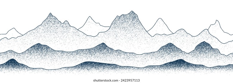 Drawing of mountain isolated on white background, stroke texture, imitation engraving, seamless border, vector design