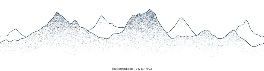 Drawing of mountain isolated on white background, stroke texture, imitation engraving, seamless border, vector design