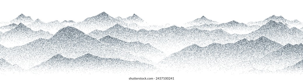 Drawing of mountain isolated on white background, noise pattern, pointillism, seamless border, vector design