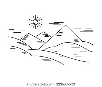 dibujo de un paisaje de montaña, desierto, sol. Concepto de complejo desierto, viajes, vacaciones. Estilo de línea plana, ilustración vectorial aislada en fondo blanco.