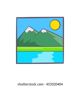 Drawing mountain landscape icon in cartoon style isolated on white background. Painting symbol