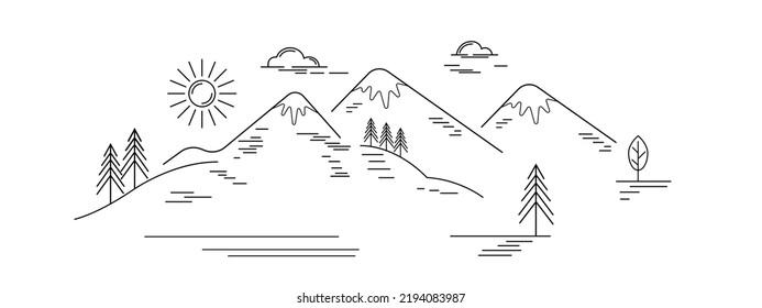 drawing mountain landscape  sun  clouds  fir trees  trees  The concept ski resort  travel  vacation  Flat line style  vector illustration isolated white background 