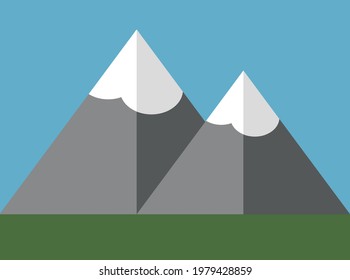 Drawing of a mountain range with snowy peaks. Flat style.