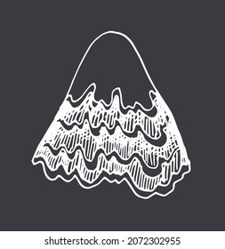 drawing of a mountain. a snowy mountain with a pattern of wavy lines and strokes. a hand-drawn sketch-style hill isolated by a line of white on gray for the template design.