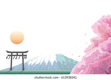 Drawing of mountain and sun with garden in spring background. Asian or Japanese style in cherry blossom concept. 