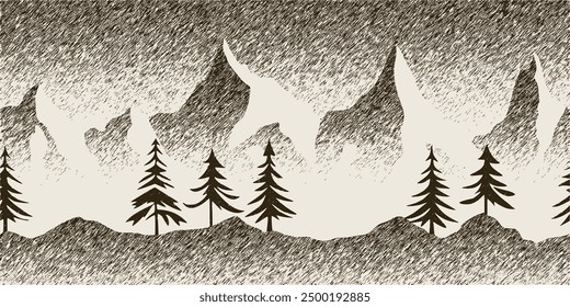 Dibujo de montaña y árboles, textura de trazo, grabado de imitación, diseño de Vector