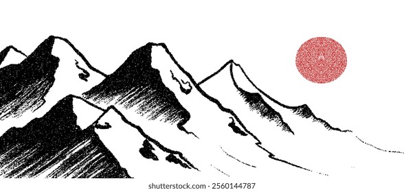 Drawing of mountains isolated on a white background, with a textured stroke quality, a frosted grain effect, and vector design.