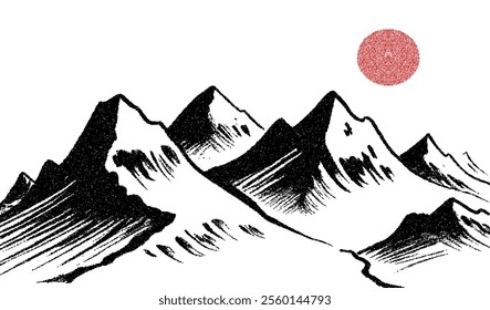 Drawing of mountains isolated on a white background, with a textured stroke quality, a frosted grain effect, and vector design.