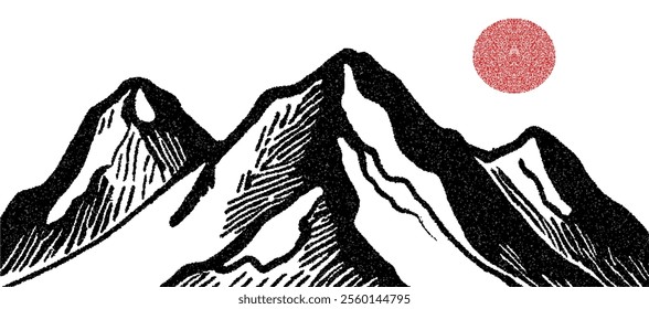 Drawing of mountains isolated on a white background, with a textured stroke quality, a frosted grain effect, and vector design.