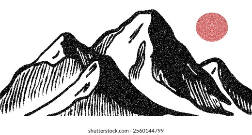 Drawing of mountains isolated on a white background, with a textured stroke quality, a frosted grain effect, and vector design.