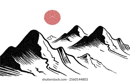 Drawing of mountains isolated on a white background, with a textured stroke quality, a frosted grain effect, and vector design.