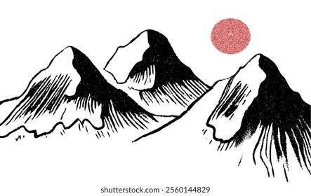 Drawing of mountains isolated on a white background, with a textured stroke quality, a frosted grain effect, and vector design.
