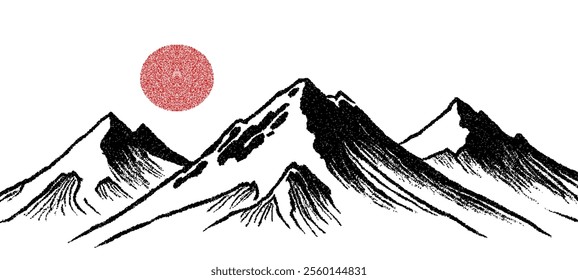 Drawing of mountains isolated on a white background, with a textured stroke quality, a frosted grain effect, and vector design.