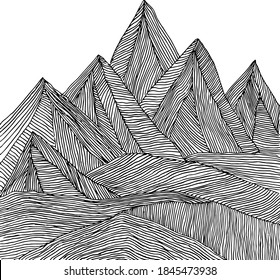 Drawing mountains with lines. Mountain landscape sketch, pen drawing.