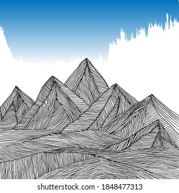 Drawing mountains with lines. Mountain landscape sketch, pen drawing.