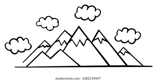 Drawing of Mountains in outline style on a white background. Vector illustration