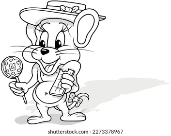 Drawing of a Mouse with a Hat on its Head and Sweets in its Paws - Cartoon Illustration Isolated on White Background, Vector