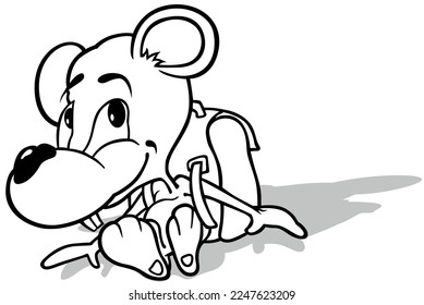 Drawing of a Mouse with a School Bag on its Back Sitting on the Ground - Cartoon Illustration Isolated on White Background, Vector