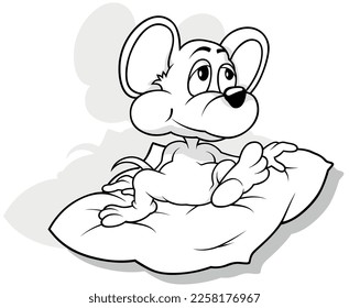 Drawing of a Mouse Sitting on a Pillow - Cartoon Illustration Isolated on White Background, Vector