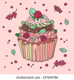 Dibujo de muffin. Pastel decorado con bayas rojas. Tonos pastel claros.