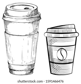 Drawing mug with lid, coffee container with cap. Sketch of takeaway dishware, java bean, cup for espresso and latte, vector