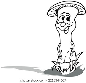 Drawing of a Mushroom in the Grass with a Funny Face - Cartoon Illustration Isolated on White Background, Vector
