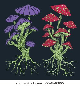 drawing mushroom three color vector sticker vintage