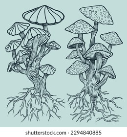 drawing mushroom trees line art vector 