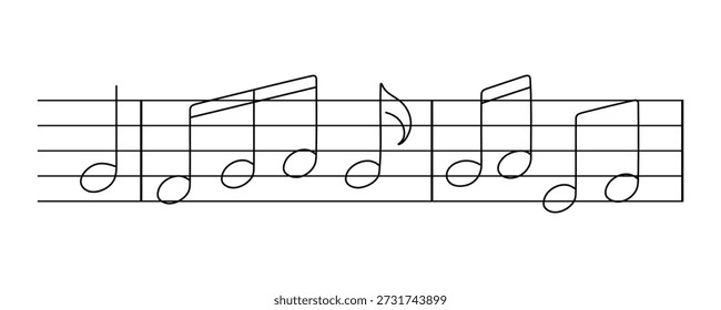 Eine Zeichnung von musikalischen Noten, die mit einer einzigen durchgehenden Linie gezeichnet wurden. Melodie, Notenschrift, musikalisches Konzept. Vektorgrafik.
