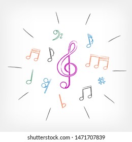 Drawing musical notes on white background. Drawn multicolor music sign. Melody symbols