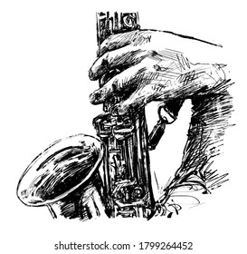 Drawing of the musician plays saxophone hand draw 