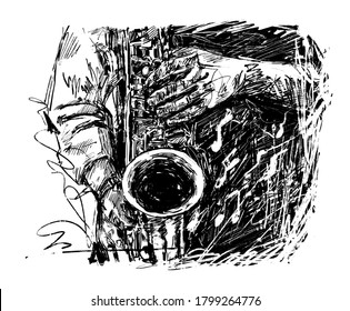 Drawing of the musician plays saxophone hand draw 