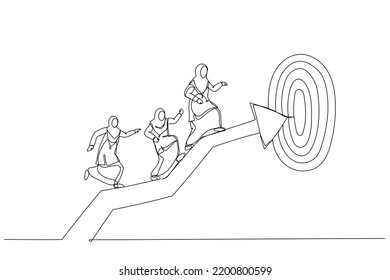 Drawing Of Muslim Business Woman Coworkers Walking Up Arrow To Reach Target. Metaphor For Team Target Or Achievement, Teamwork Or Leadership. Continuous Line Art Style
