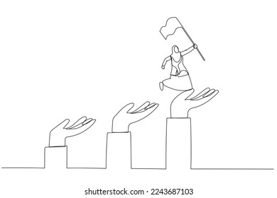 Drawing of muslim business woman jumping up giant hand growth ladder concept of progress. One line art style