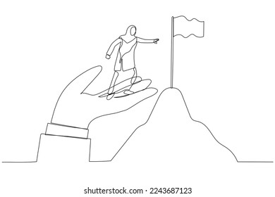 Drawing of muslim business woman stand on giant helping hand to reach top of mountain target flag. One line art style