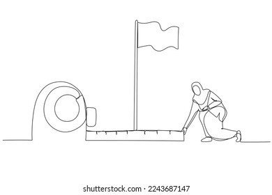 Drawing of muslim business woman using measuring tape to analyze distance from target flag. One line art style