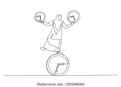 Drawing of muslim businesswoman balancing all time pieces. Work life balance or control work project time and schedule concept. Single continuous line art
