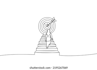 Drawing of muslim businesswoman climbing stairs toward large target. One line style art
