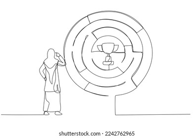 Drawing of muslim businesswoman finding the way in labyrinth to reach path to success. Single continuous line art style