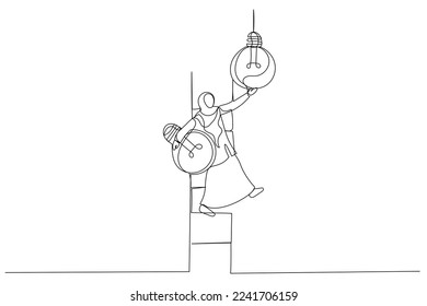 Drawing of muslim businesswoman leader climb up ladder to change lightbulb idea. Change to new innovation. Single line art style
